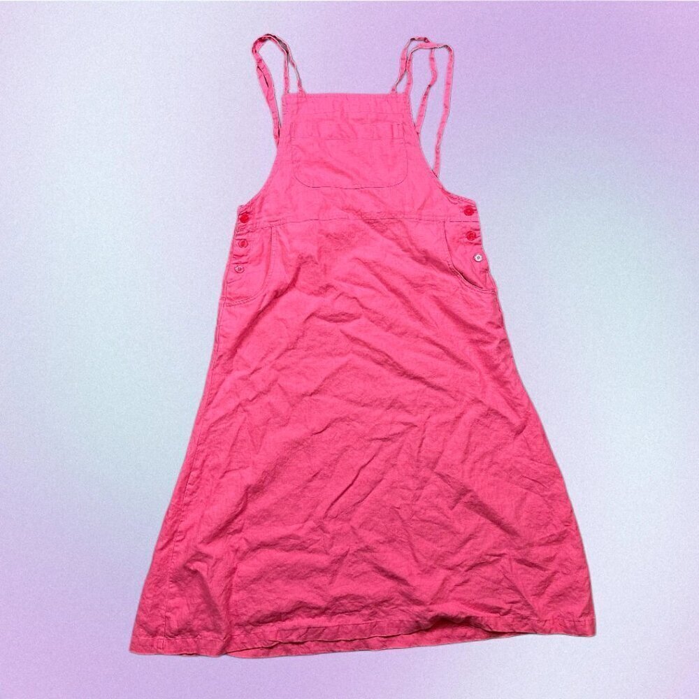 Real Comfort Vintage Bright Pink Apron Dress 100% Linen Petite Medium Cottage